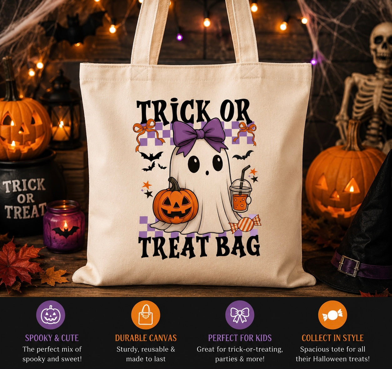 Ghost Trick or Treat Canvas Tote Bag | Reusable Halloween Candy Bag for Kids