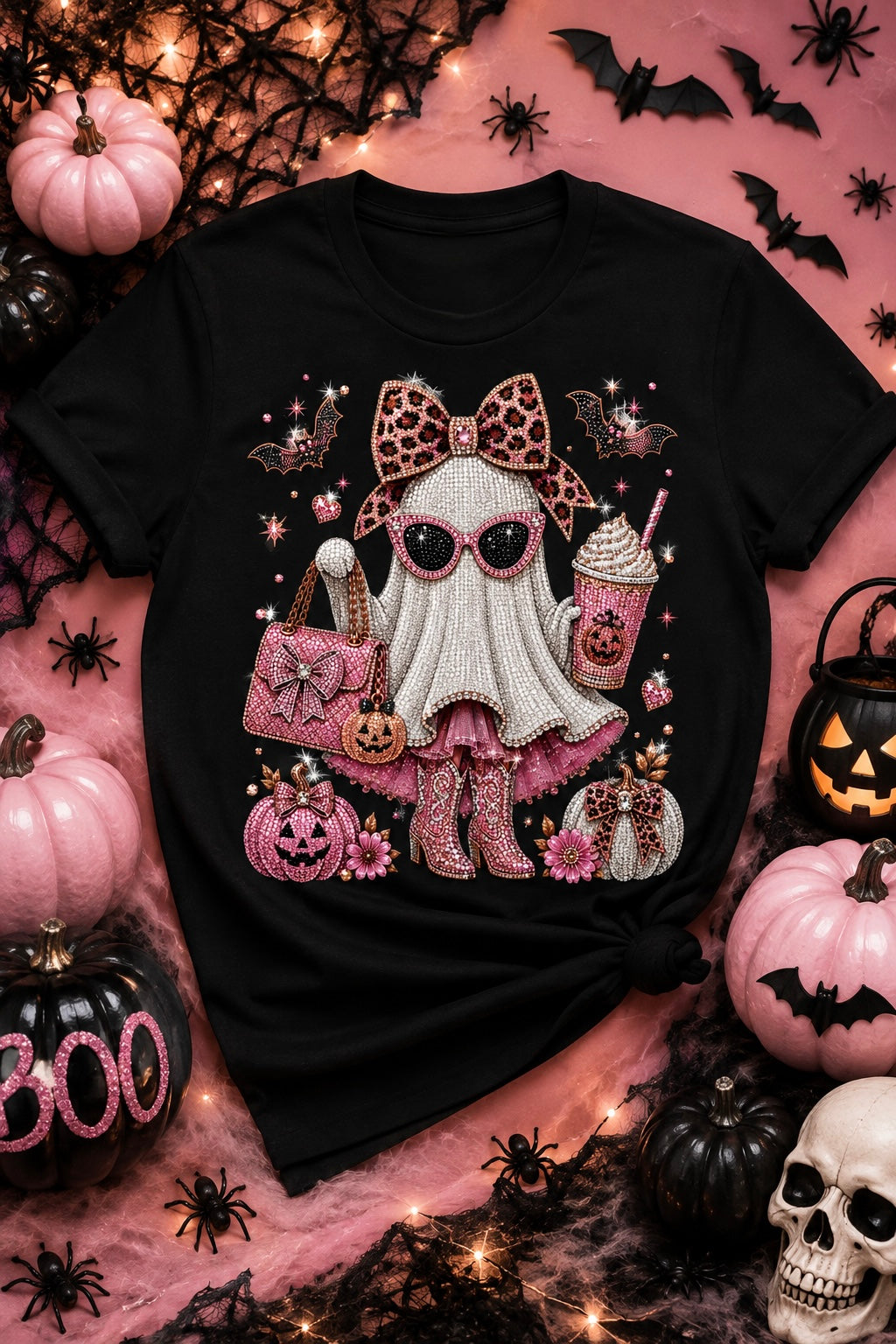 Bling Ghost Girl Halloween T-Shirt | Pink Spooky Glam Tee
