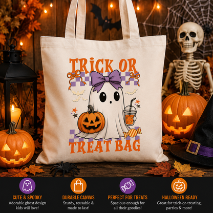 Ghost Trick or Treat Canvas Tote Bag | Reusable Halloween Candy Bag for Kids