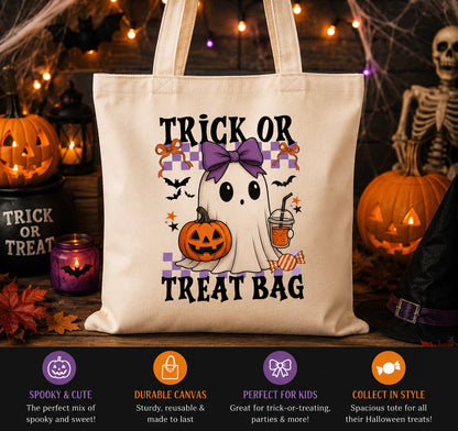 Ghost Trick or Treat Canvas Tote Bag | Reusable Halloween Candy Bag for Kids