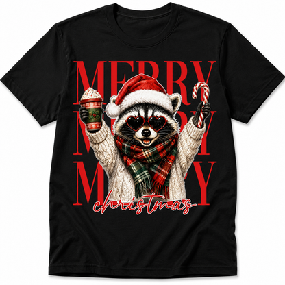 Merry Christmas Raccoon Graphic Tee | Cute Holiday Christmas Shirt