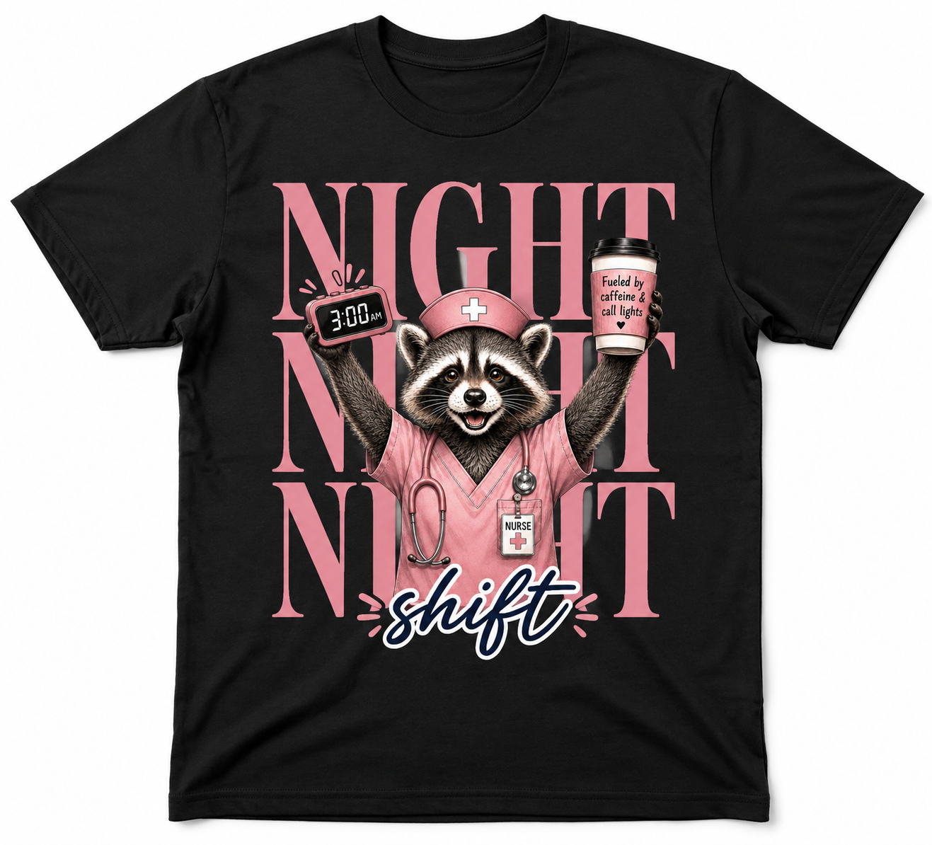 Night Shift Nurse Raccoon T-Shirt | Fueled by Caffeine & Call Lights Tee