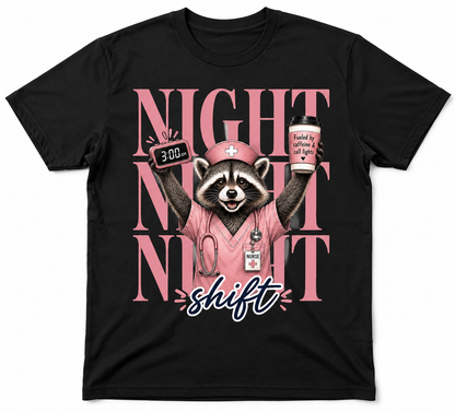 Night Shift Nurse Raccoon T-Shirt | Fueled by Caffeine & Call Lights Tee