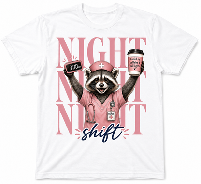 Night Shift Nurse Raccoon T-Shirt | Fueled by Caffeine & Call Lights Tee