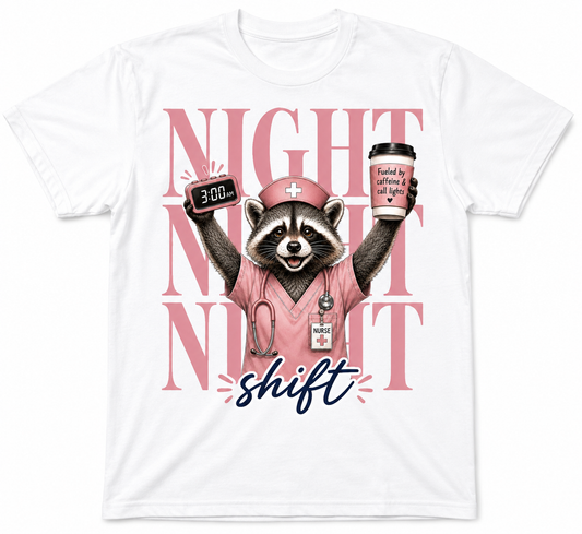 Night Shift Nurse Raccoon T-Shirt | Fueled by Caffeine & Call Lights Tee