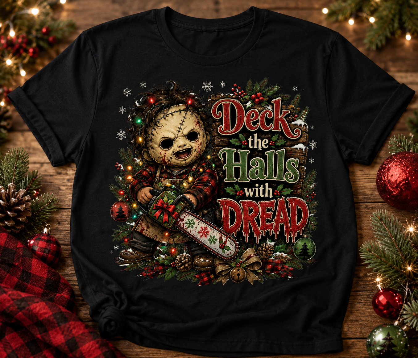 Deck the Halls with Dread Christmas Horror Graphic Tee | Spooky Holiday Shirt