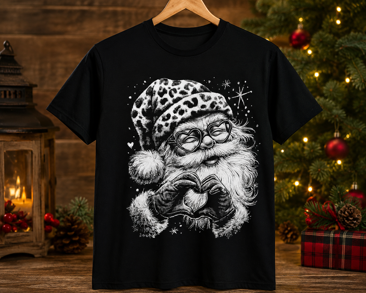 Cute Leopard Print Santa Heart Hands Christmas Shirt | Christmas Graphic Tee | Holiday Gift for Women