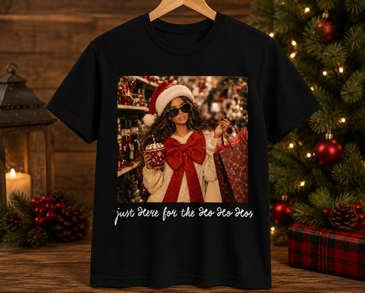 Just Here for the Ho Ho Hos Christmas Shirt | Funny Holiday Graphic Tee | Cute Christmas Shopping T-Shirt for Women