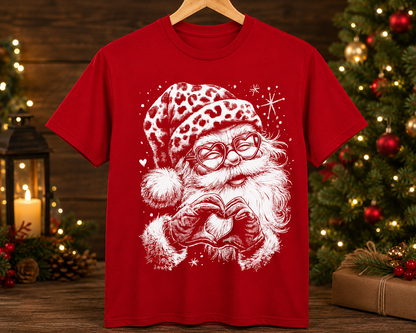 Cute Leopard Print Santa Heart Hands Christmas Shirt | Christmas Graphic Tee | Holiday Gift for Women
