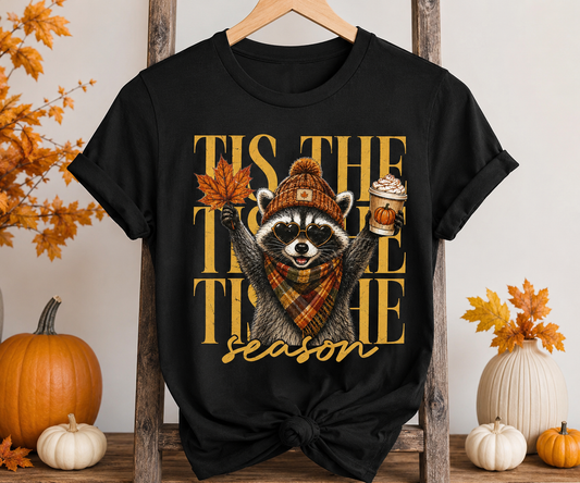 Tis the Season Raccoon Fall Graphic Tee | Cozy Autumn Pumpkin Coffee Shirt